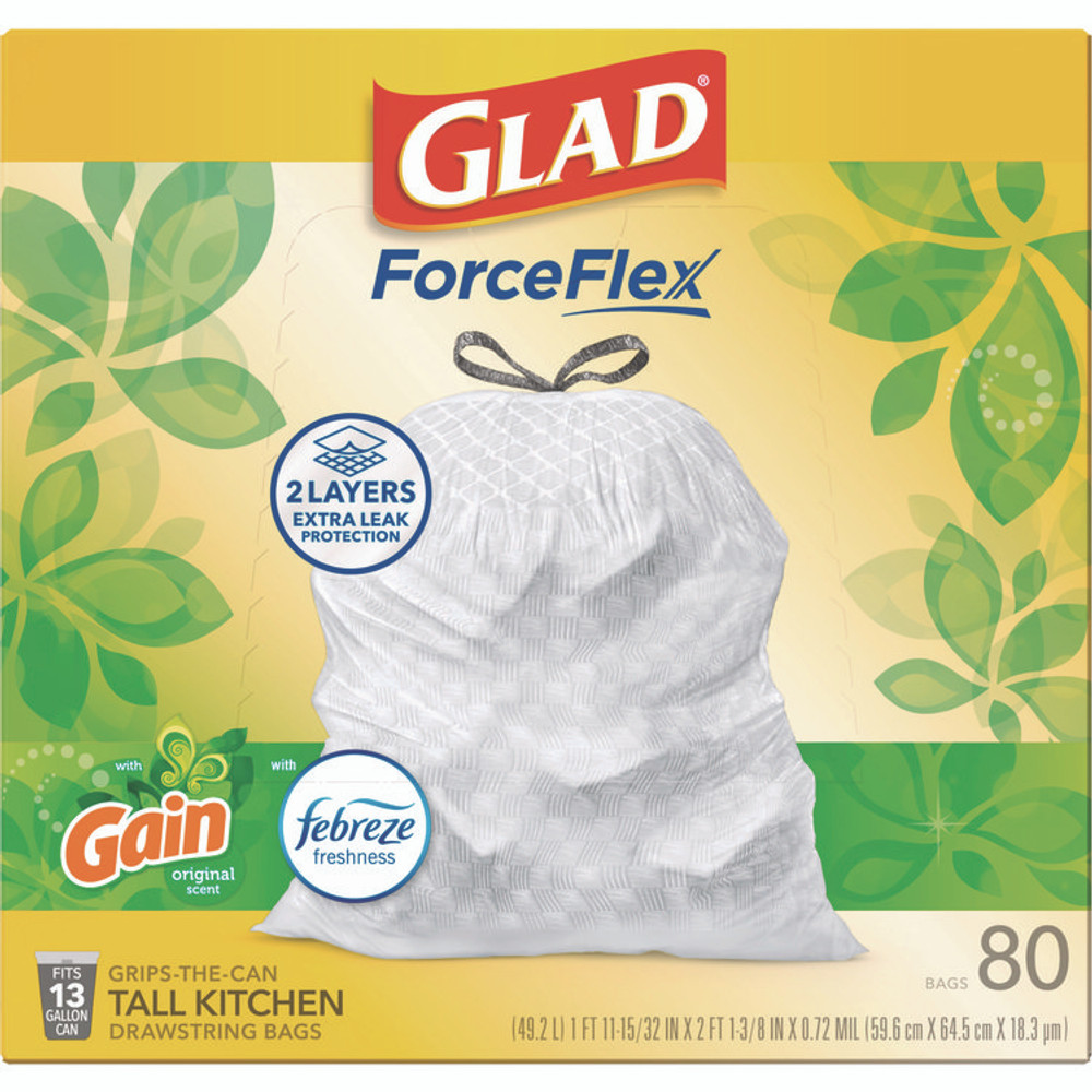 CLOROX SALES CO. Glad® 78900BX OdorShield Tall Kitchen Drawstring Bags, 13 gal, Gain Original Scent, 24" x 27.38", White, 80/Box