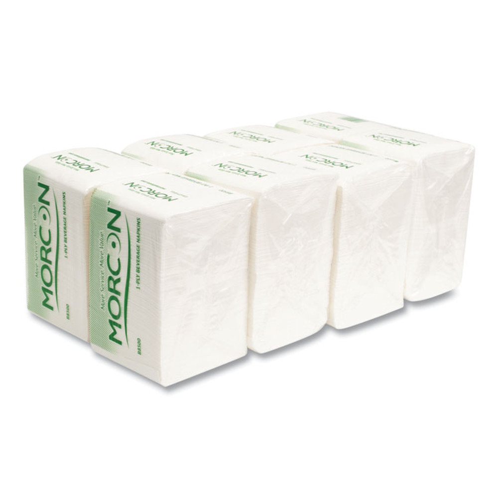 MORCON Tissue B8500 Morsoft Beverage Napkins, 1-Ply, 9 x 9, White, 500/Pack, 8 Packs/Carton