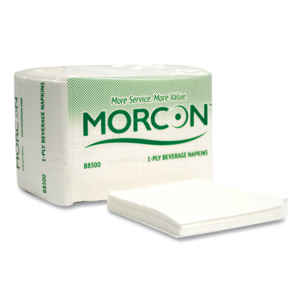 MORCON Tissue B8500 Morsoft Beverage Napkins, 1-Ply, 9 x 9, White, 500/Pack, 8 Packs/Carton