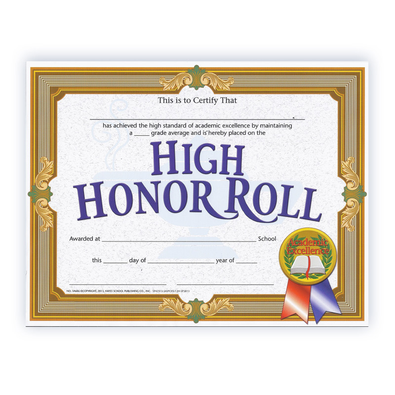 FLIPSIDE Hayes Publishing High Honor Roll Certificate, 8.5" x 11", Pack of 30