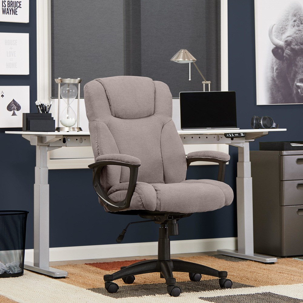 An attractive office chair can act as an eye-catching accent to your offices decor. The stylish upholstery and eye-catching base of this high-back chair combine to form an elegant look that suits just about any office area.  Overall Dimensions: 46 1/2inH x 25 1/2inW x 20inD.  Weight capacity tested to support 250 lb.  Soft, comfortable cushions offer a plush feel as you sit and work.  Lumbar feature supports your lower back and enhances the natural curve of your spine.  Waterfall seat cushion slopes slightly downward to help reduce stress on your legs.  Pneumatic height adjustment allows you to find just the right sitting position.  Adjustable tilt tension knob and recline lock-out functions let you sit back and relax.  Armrests are padded for added support and comfort.  Silver 5-star base includes dual-wheel, multisurface casters for easy movement from area to area.  Assembly required.  Microfiber upholstery has a soft, touchable feel.  Tested to meet ANSI/BIFMA Performance Standards - Manufacturer testing has been conducted on this product to meet specific performance requirements and safety standards set forth by the American National Standards Institute (ANSI) and the Business and Institutional Furniture Manufacturers.