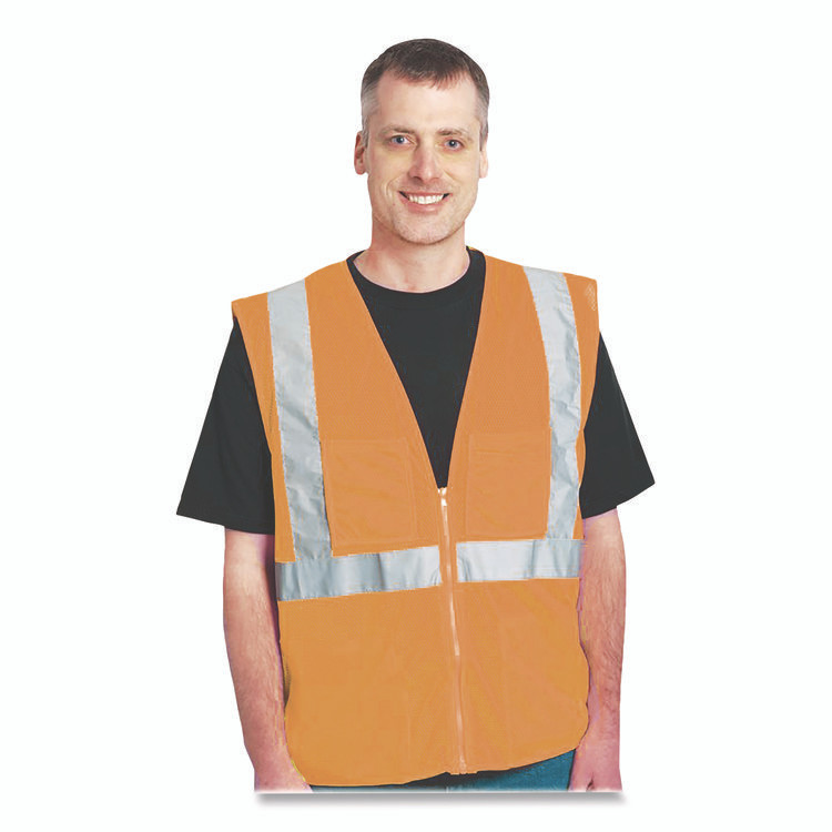 PROTECTIVE INDUSTRIAL PRODUCTS INC PIP 3020702ZOR2X ANSI Class 2 Two-Pocket Zipper Mesh Safety Vest, Polyester Mesh, 2X-Large, Orange