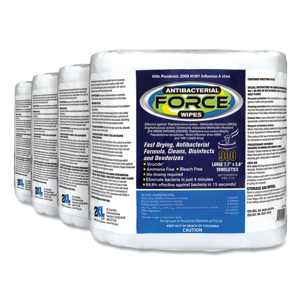 2XL CORPORATION, INC. L4014 FORCE Disinfecting Wipes Refill, 1-Ply, 6 x 8, Unscented, White, 900/Pack, 4 Packs/Carton