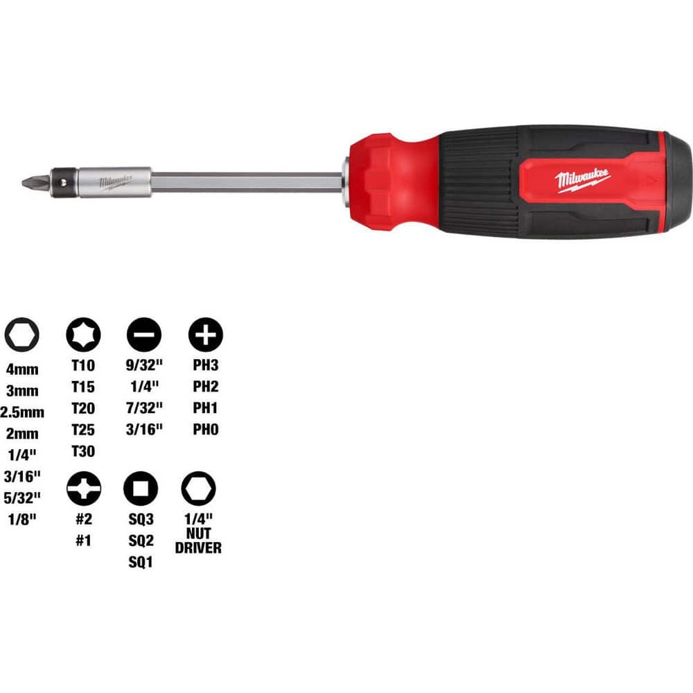 Milwaukee Tool 48-22-2901 Bit Screwdrivers; Type: Multi-Bit Screwdriver ; Tip Type: Multi ; Drive Size (TXT): 1/4 ; Torx Size: T10, T15, T20, T25 ; Phillips Point Size: Phillips:#1 & #2 ; Slotted Point Size: 1/4; 3/16
