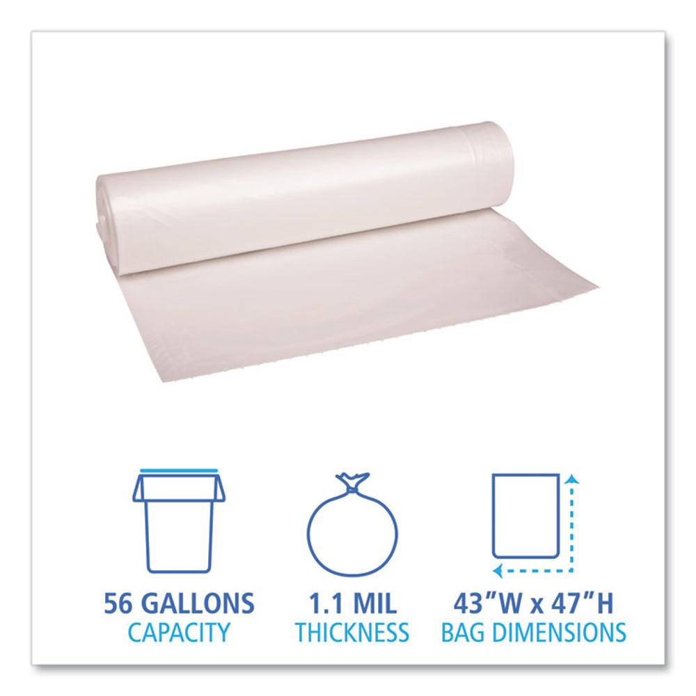 BOARDWALK 532 Recycled Low-Density Polyethylene Can Liners, 56 gal, 1.1 mil, 43" x 47", Clear, Perforated, 10 Bags/Roll, 10 Rolls/Carton