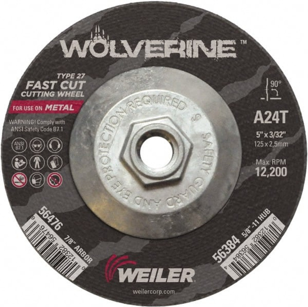 Weiler 56384 Depressed Center Wheel: Type 27, 5" Dia, 3/32" Thick, Aluminum Oxide