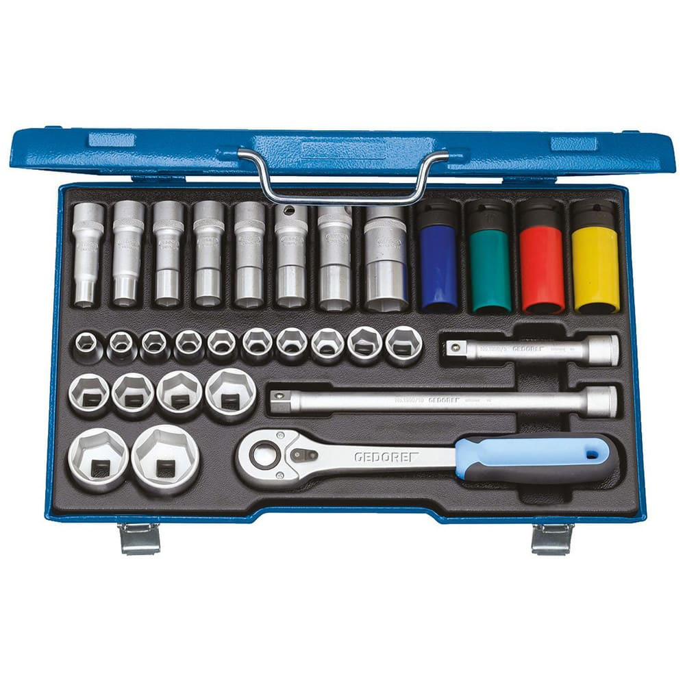 Gedore 1806033 Socket Sets; Set Type: Socket Set ; Drive Size: 1/2 ; Number Of Pieces: 31 ; Additional Information: Case: 425mm L x 277mm W x 55mm D ; Case Type: Steel Case ; Accessories: 1990-5 -10 Extension