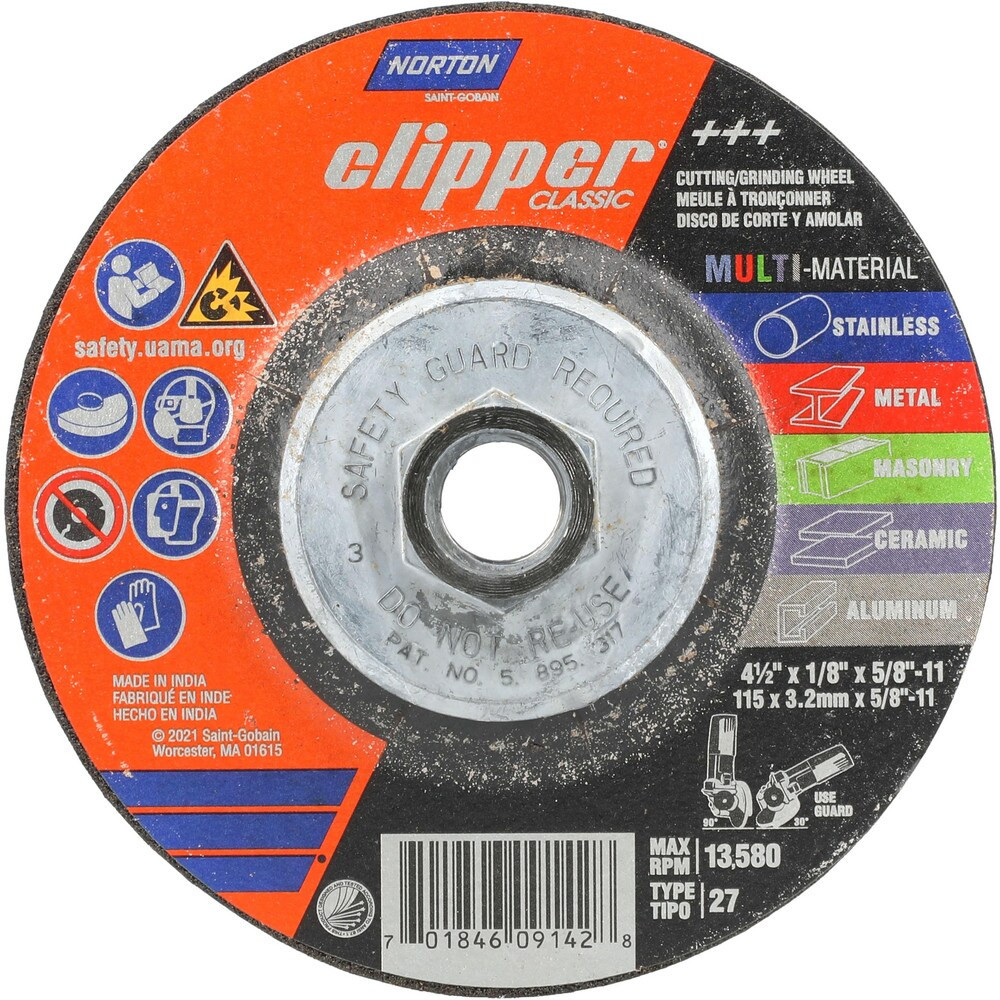 Norton 70184609142 Depressed-Center Wheels; Wheel Diameter (Inch): 4-1/2 ; Wheel Thickness (Inch): 1/8 ; Hole Size: 5/8 (Inch); Wheel Type: Type 27 ; Abrasive Material: Aluminum Oxide; Silicon Carbide ; Connector Type: Arbor