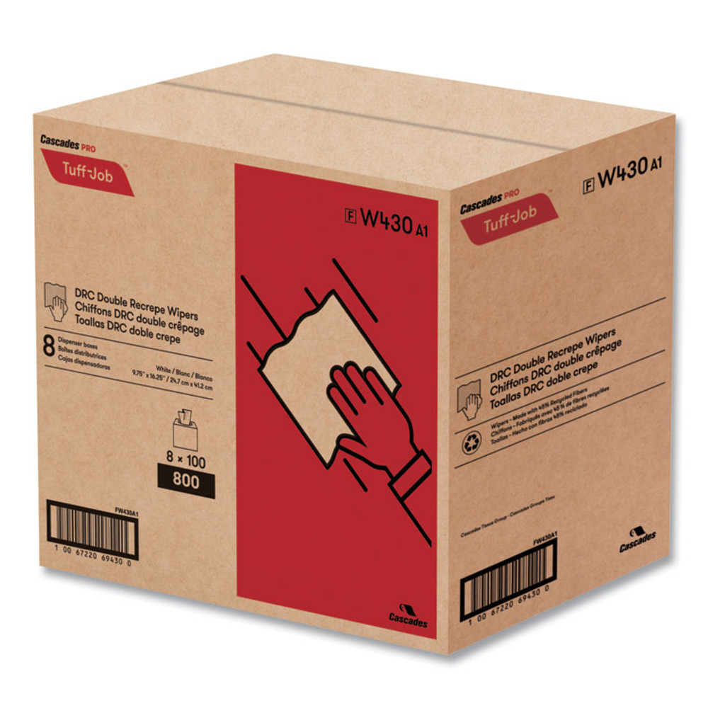 CASCADES TISSUE GROUP PRO W430 Tuff-Job Double Recrepe Wipers, 9.75 x 16.5, White, 100/Box, 8 Box/Carton