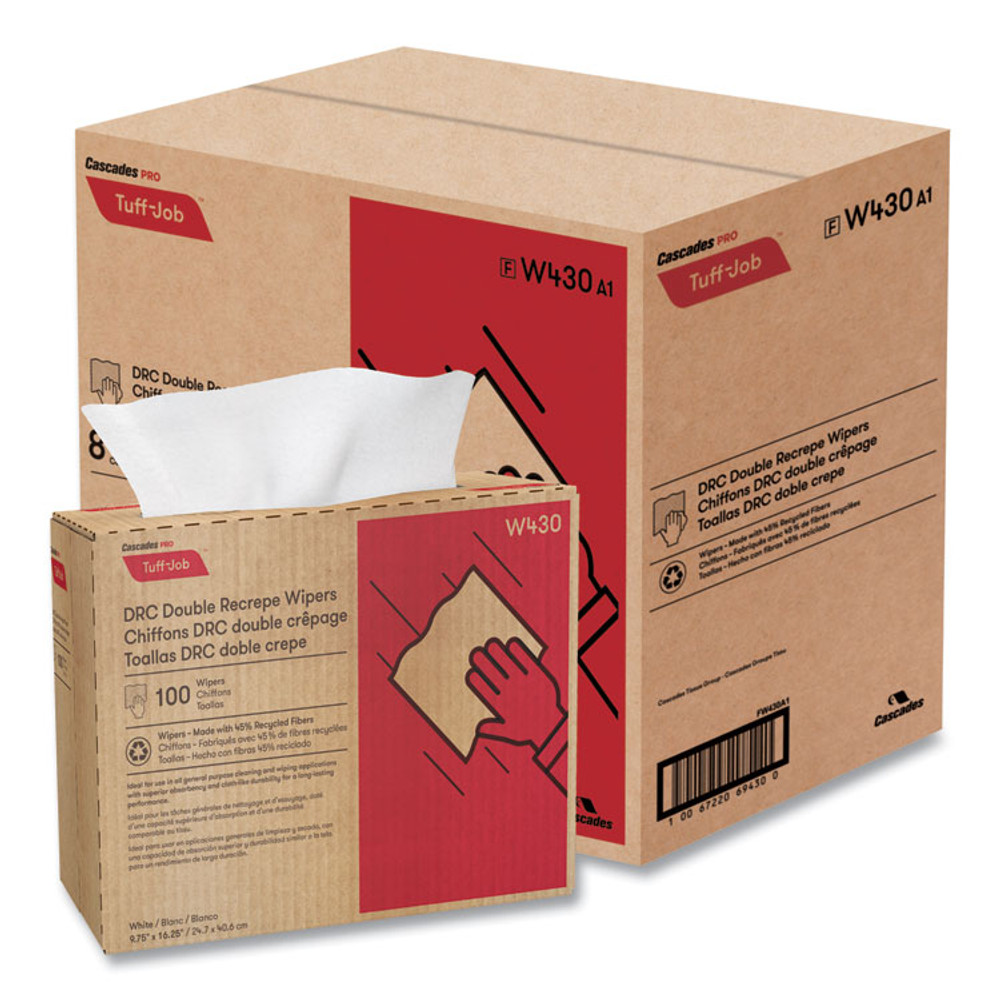 CASCADES TISSUE GROUP PRO W430 Tuff-Job Double Recrepe Wipers, 9.75 x 16.5, White, 100/Box, 8 Box/Carton