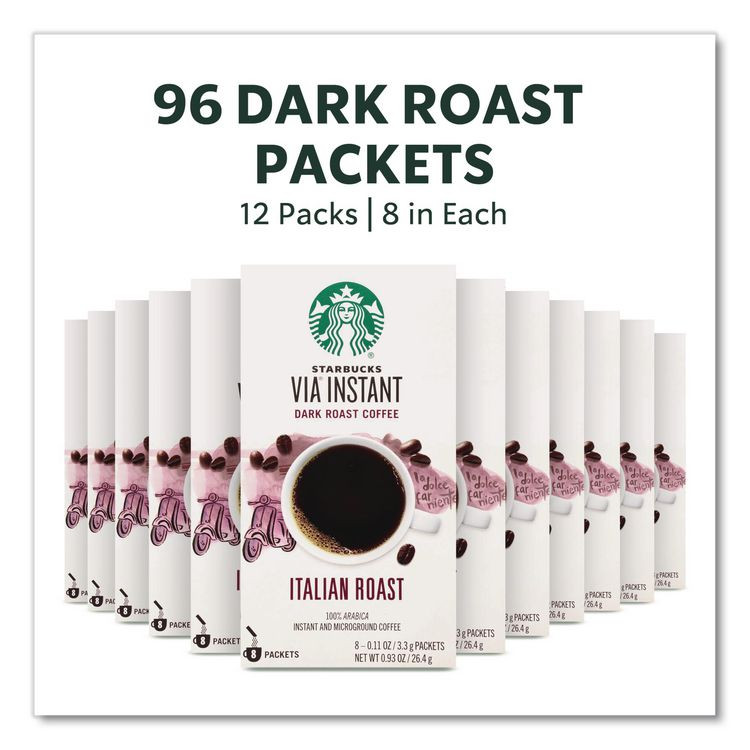STARBUCKS COFFEE COMPANY 12407838CT VIA Ready Brew Coffee, 0.11 oz, Italian Roast, 8 Packets/Bag, 12 Bags/Carton