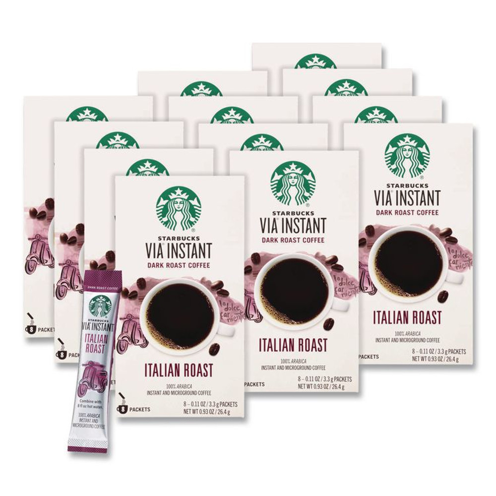 STARBUCKS COFFEE COMPANY 12407838CT VIA Ready Brew Coffee, 0.11 oz, Italian Roast, 8 Packets/Bag, 12 Bags/Carton