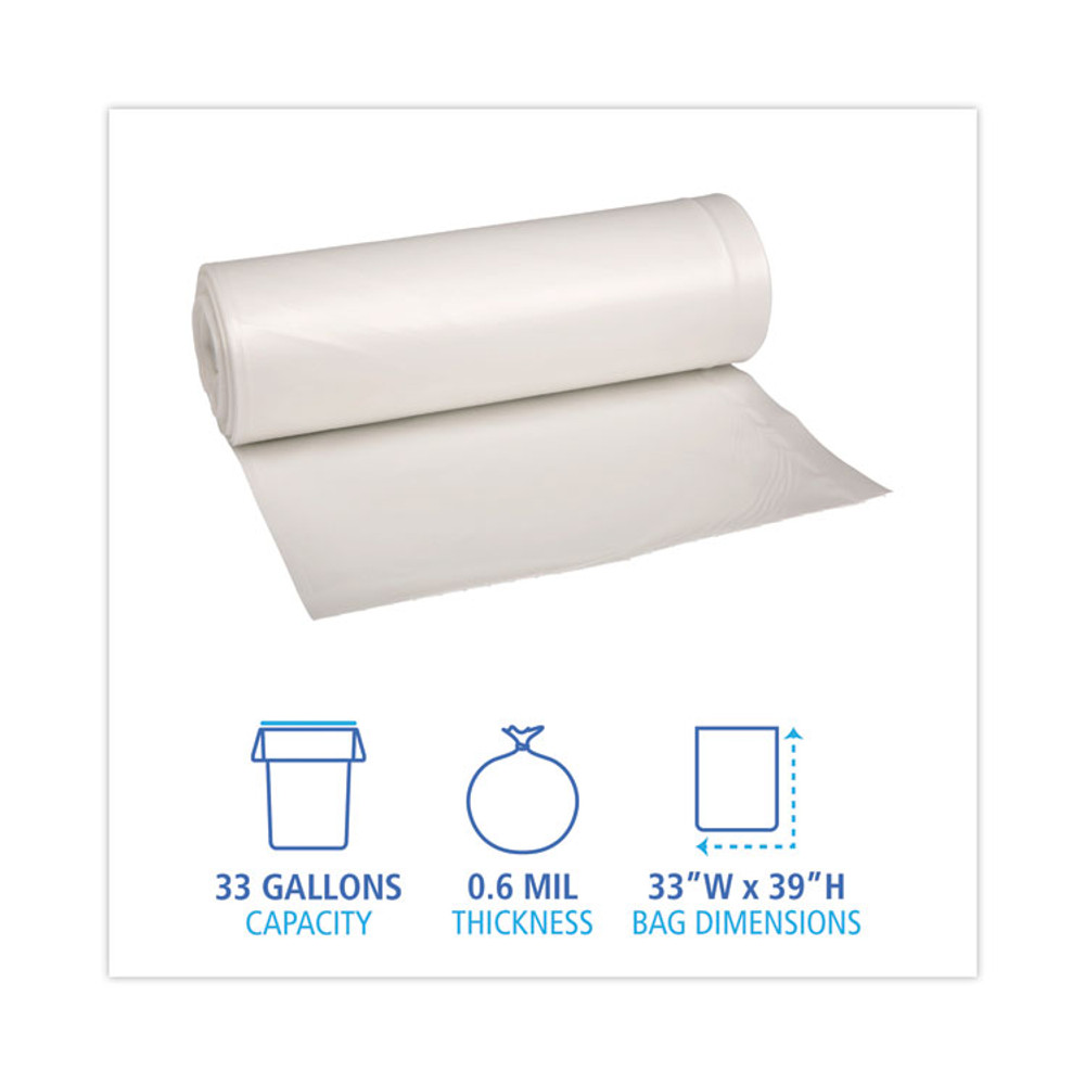 BOARDWALK 512 Low-Density Waste Can Liners, 33 gal, 0.6 mil, 33" x 39", White, Perforated Roll, 25 Bags/Roll, 6 Rolls/Carton