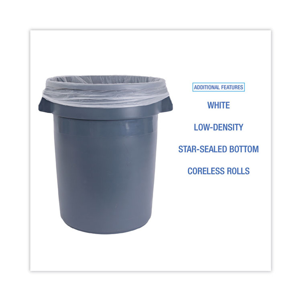 BOARDWALK 512 Low-Density Waste Can Liners, 33 gal, 0.6 mil, 33" x 39", White, Perforated Roll, 25 Bags/Roll, 6 Rolls/Carton