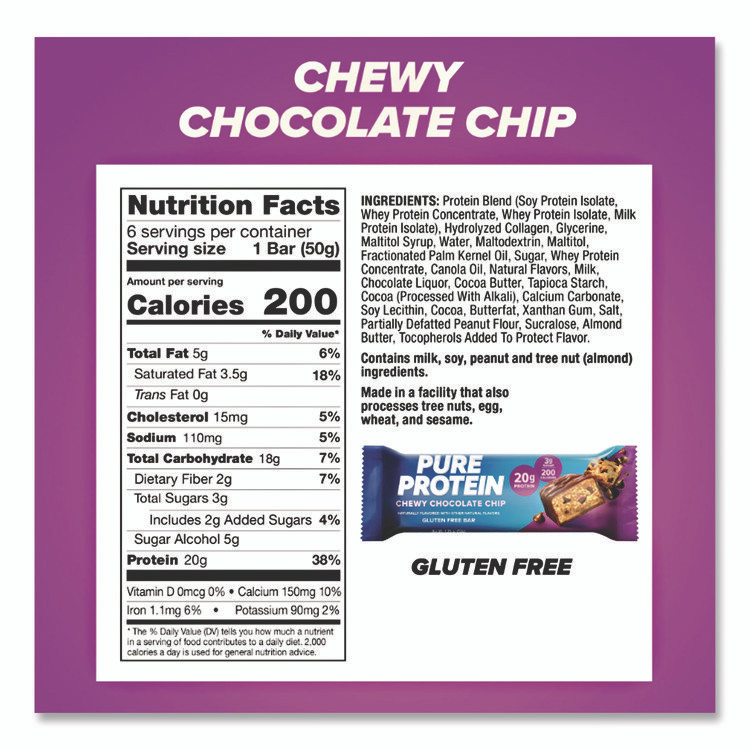 THE BALANCE BAR COMPANY NRN13353 Pure Protein Bar, Chewy Chocolate Chip, 1.76 oz Bar, 6/Box