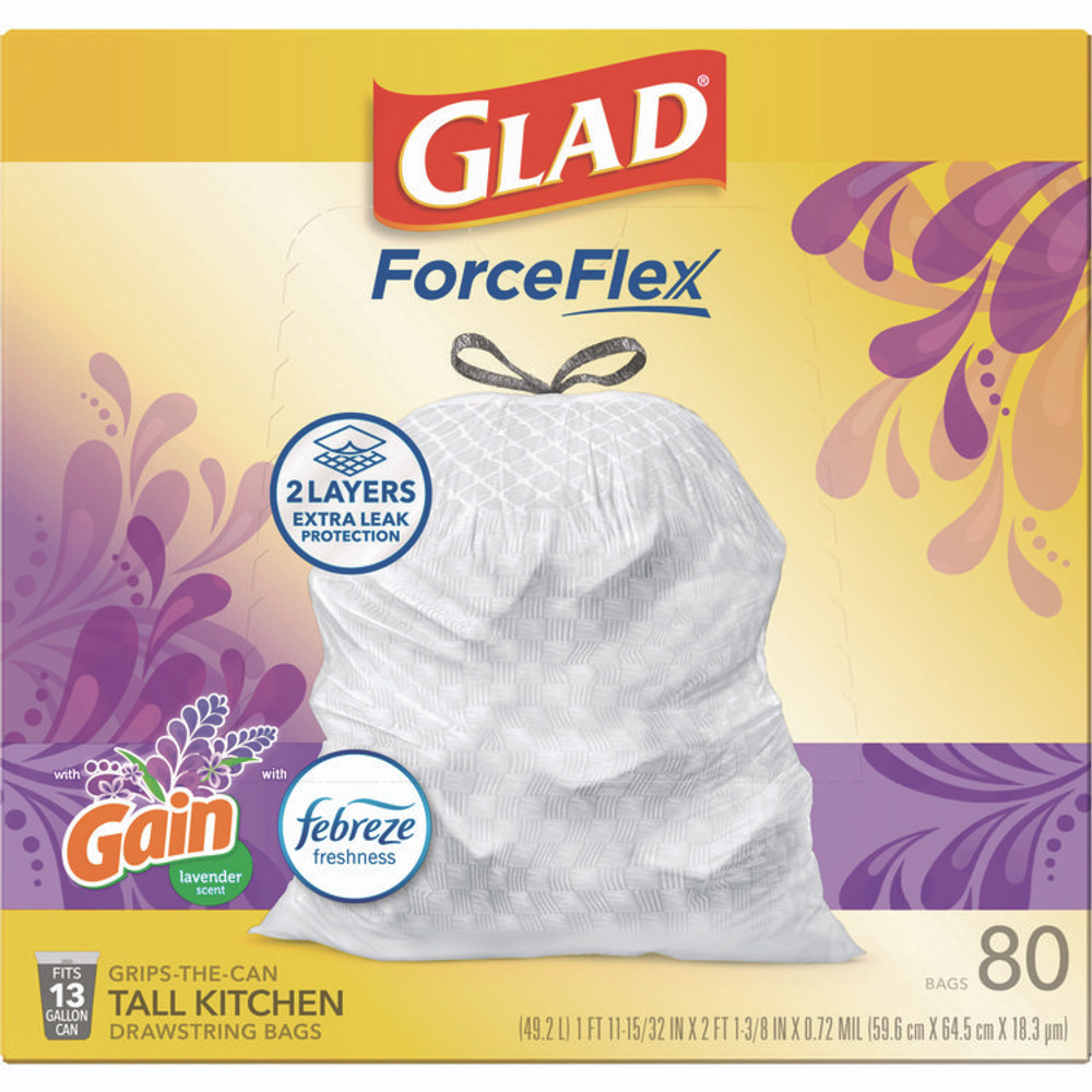 CLOROX SALES CO. Glad® 78902BX OdorShield Tall Kitchen Drawstring Bags, 13 gal, 0.95 mil, 24" x 27.38", White, 80/Box