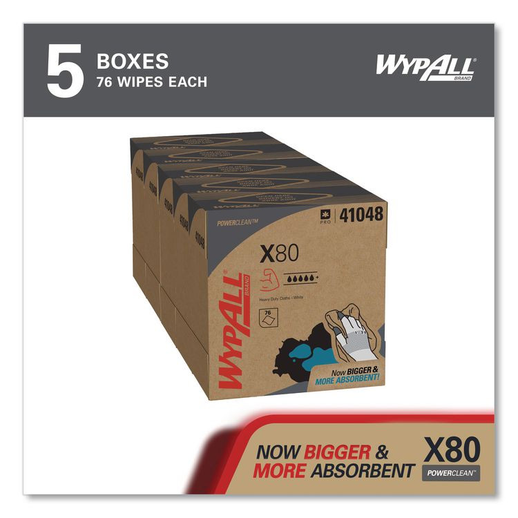 KIMBERLY-CLARK PROFESSIONAL WypAll® 41048 Power Clean X80 Cloths, HYDROKNIT, POP-UP Box, 8.34 x 16.8, White, 76/Box, 5 Boxes/Carton