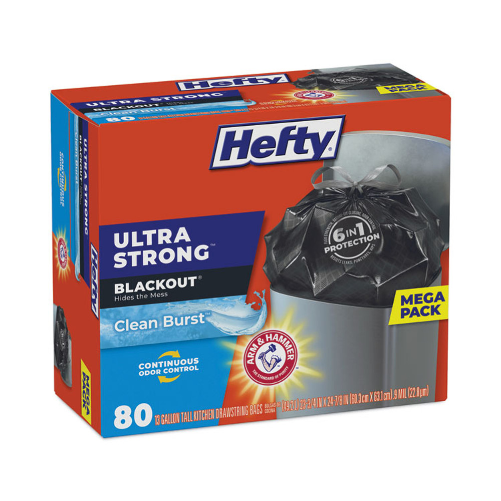 REYNOLDS FOOD PACKAGING Hefty® E88352CT Ultra Strong BlackOut Tall-Kitchen Drawstring Bags, 13 gal, 0.9 mil, 23.75" x 24.88", Black, 80 Bags/Box, 3 Boxes/Carton