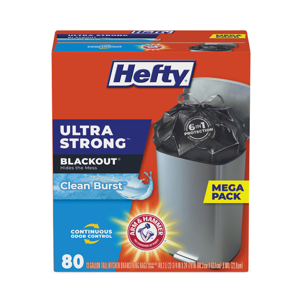 REYNOLDS FOOD PACKAGING Hefty® E88352CT Ultra Strong BlackOut Tall-Kitchen Drawstring Bags, 13 gal, 0.9 mil, 23.75" x 24.88", Black, 80 Bags/Box, 3 Boxes/Carton