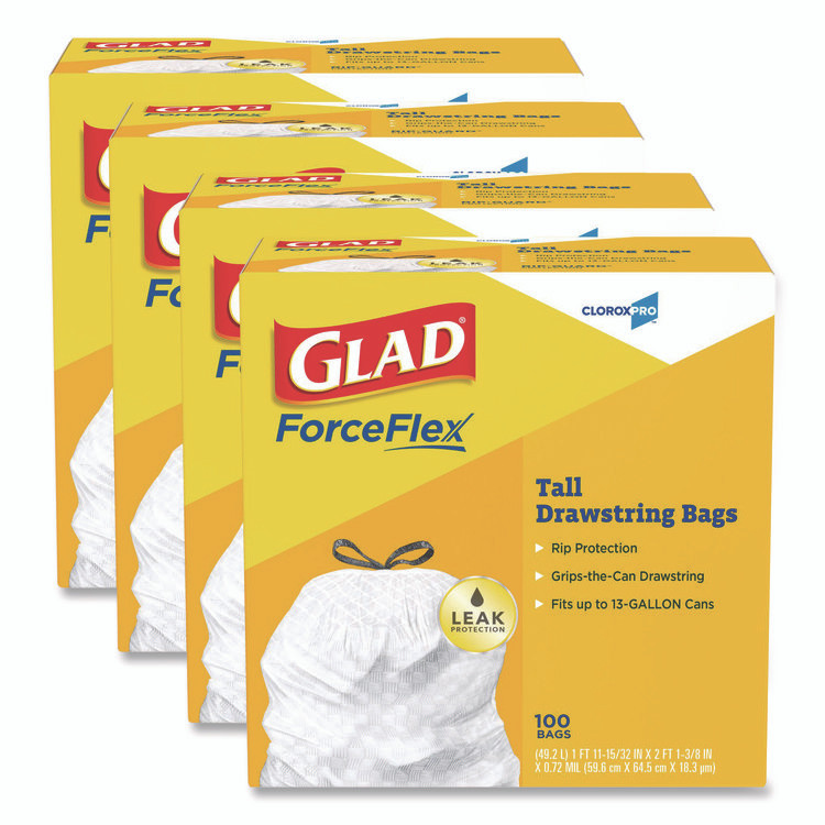CLOROX SALES CO. Glad® 78526CT CloroxPro ForceFlex Tall Kitchen Drawstring Trash Bags, 13 gal, 24 x 27.38, Gray, 100 Bags/Box, 4 Boxes/Carton