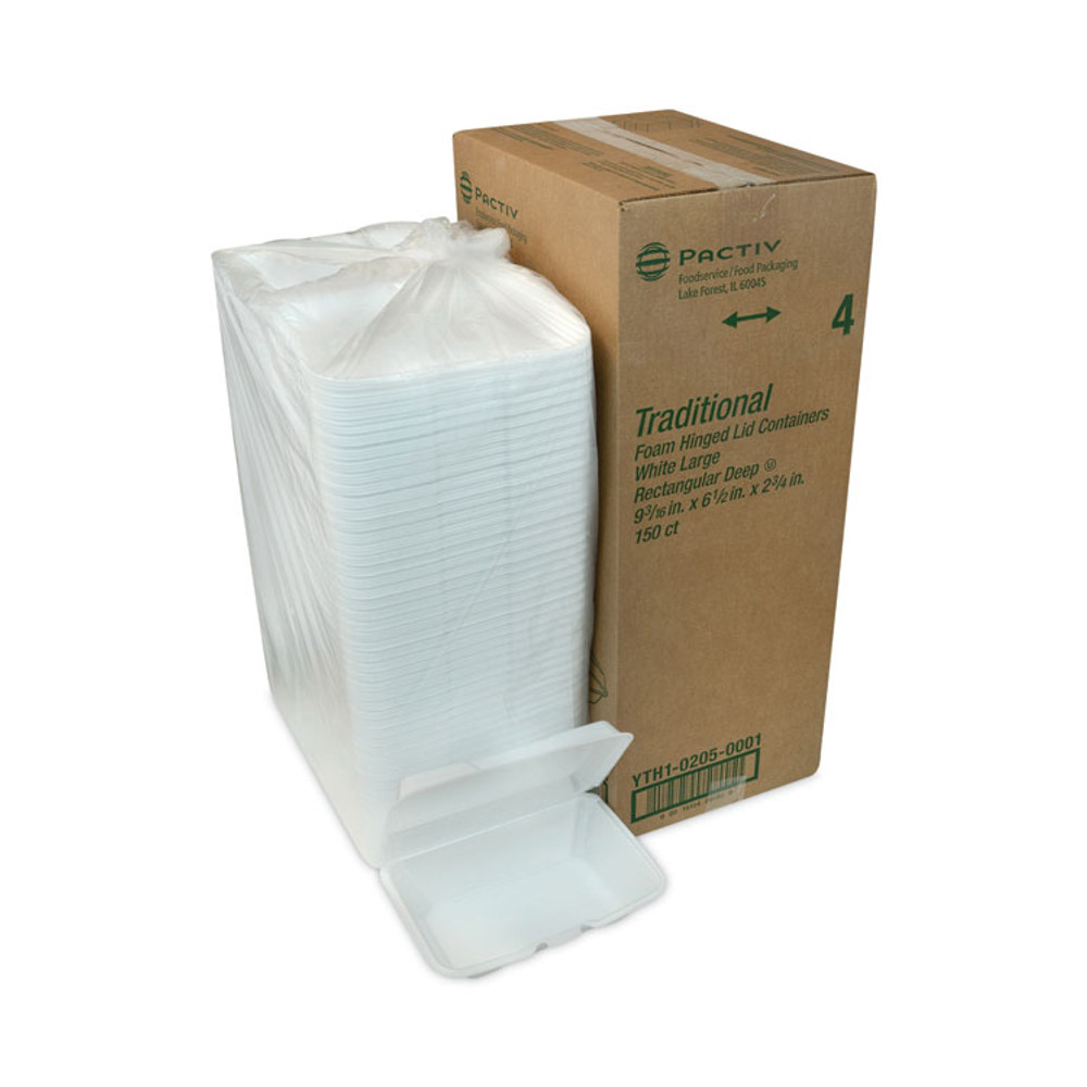 PACTIV EVERGREEN CORPORATION YTH102050001 Foam Hinged Lid Container, Single Tab Lock #205 Utility, 9.19 x 6.5 x 2.75, White, 150/Carton