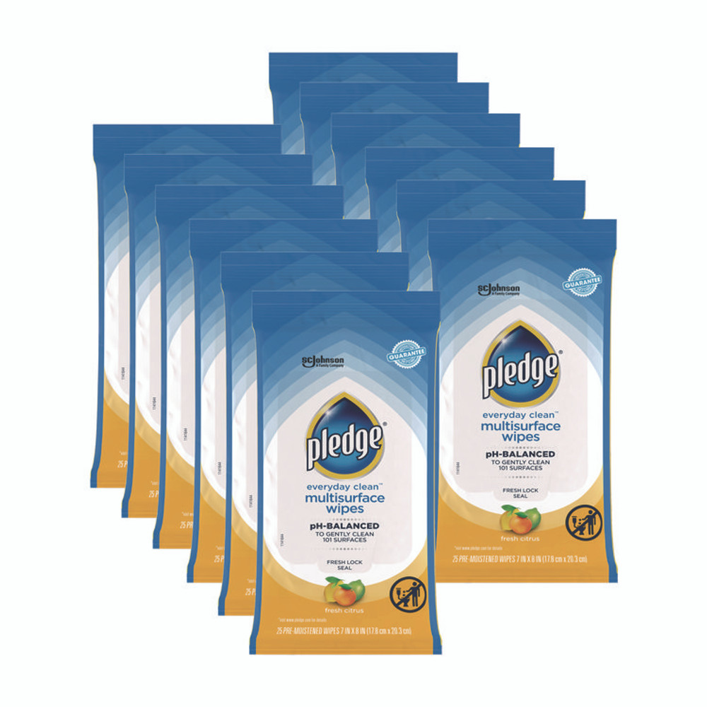 SC JOHNSON Pledge® 336274 Multi-Surface Cleaner Wet Wipes, Cloth, 7 x 10, Fresh Citrus, White, 25/Pack, 12 Packs/Carton