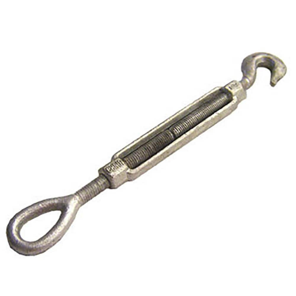 US Cargo Control EHTBGV58X9 Turnbuckles; Turnbuckle Type: Hook & Eye ; Working Load Limit: 2250 lb ; Thread Size: 5/8-9 in ; Turn-up: 9in ; Closed Length: 17.88in ; Material: Steel