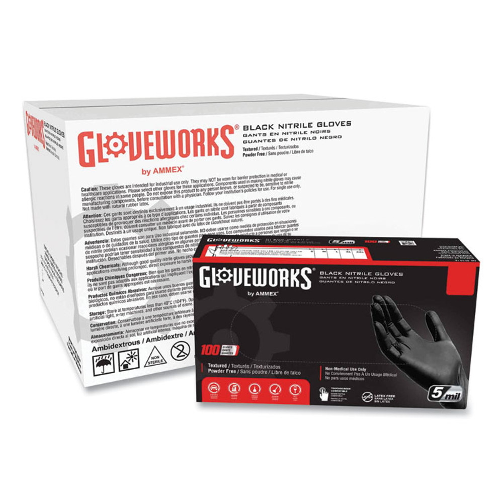 AMMEX CORPORATION GloveWorks® by GPNB48100 Industrial Nitrile Gloves, Powder-Free, X-Large, 5 mil Thick, 9.5" Long, Black, 100/Box, 10 Boxes/Carton