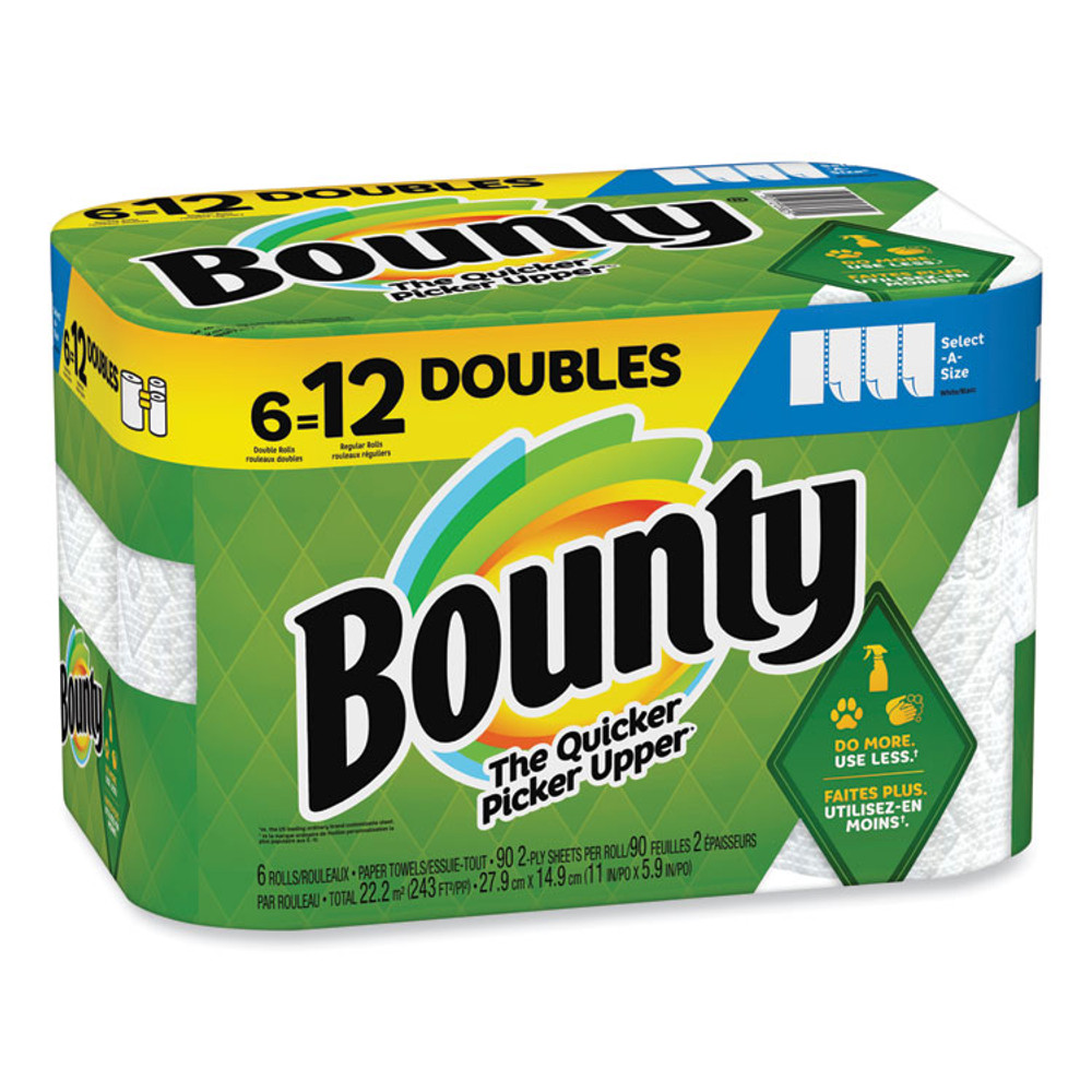 PROCTER & GAMBLE Bounty® 05825 Select-a-Size Kitchen Roll Paper Towels, 2-Ply, 6 x 11, White, 90 Sheets/Double Roll, 6 Rolls/Carton