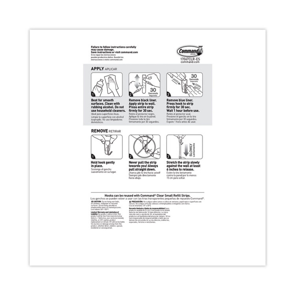 3M/COMMERCIAL TAPE DIV. Command™ 17067CLR15NA Small Wire Hooks, Small, Plastic/Metal, Clear, 0.5 lb Capacity, Clear, 15 Hooks and 20 Strips/Pack