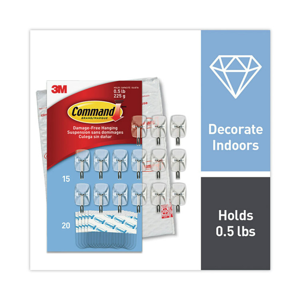 3M/COMMERCIAL TAPE DIV. Command™ 17067CLR15NA Small Wire Hooks, Small, Plastic/Metal, Clear, 0.5 lb Capacity, Clear, 15 Hooks and 20 Strips/Pack