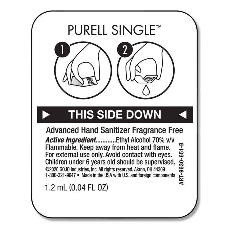 GO-JO INDUSTRIES PURELL® 96302MNS Advanced Hand Sanitizer Single Use, Gel, 1.2 mL Packet, Fragrance-Free, 2,000/Carton