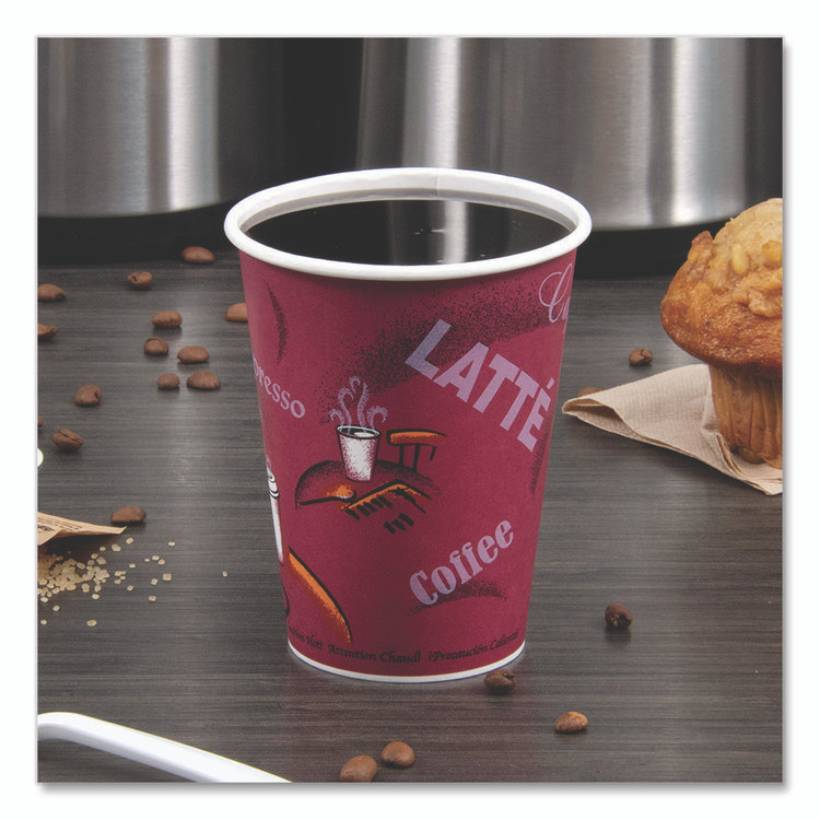 DART SOLO® OF12BI-0041 Paper Hot Drink Cups in Bistro Design, 12 oz, Maroon, 300/Carton