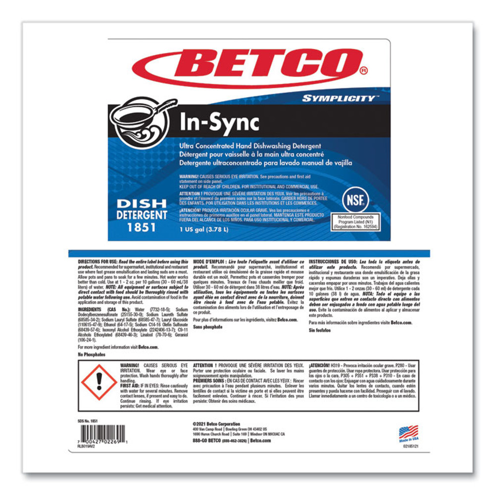 BETCO CORPORATION 18510400 Symplicity In-Sync Premium Hand Dishwashing Detergent, Fresh Ozonic Scent, 1 gal Bottle, 4/Carton