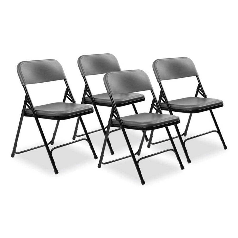 NATIONAL PUBLIC SEATING NPS® 820 800 Series Plastic Folding Chair, Supports Up to 500 lb, 18" Seat Height, Charcoal Seat, Charcoal Back, Black Base, 4/Carton
