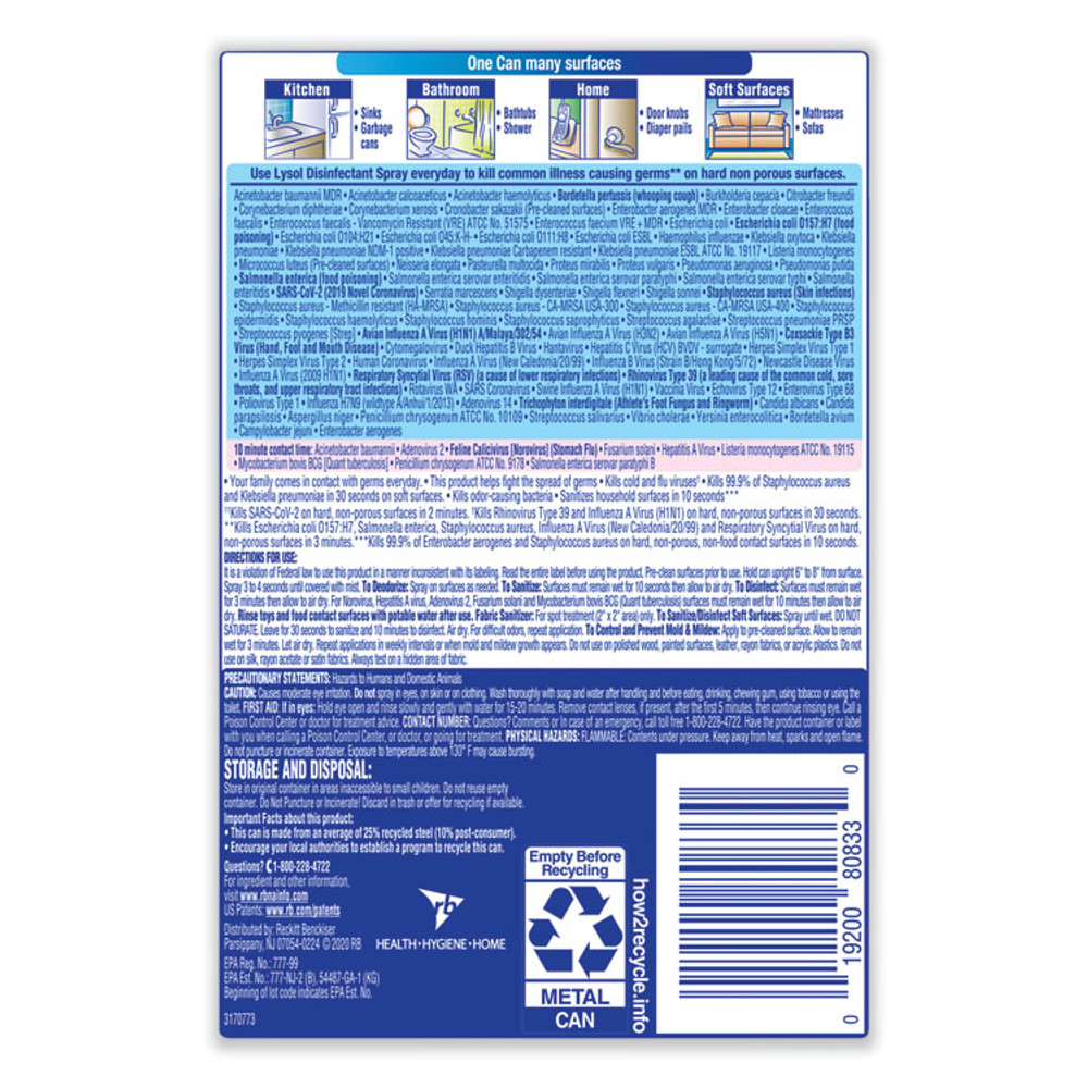 RECKITT BENCKISER LYSOL® Brand 80833 Disinfectant Spray, Early Morning Breeze, 12.5 oz Aerosol Spray, 12/Carton
