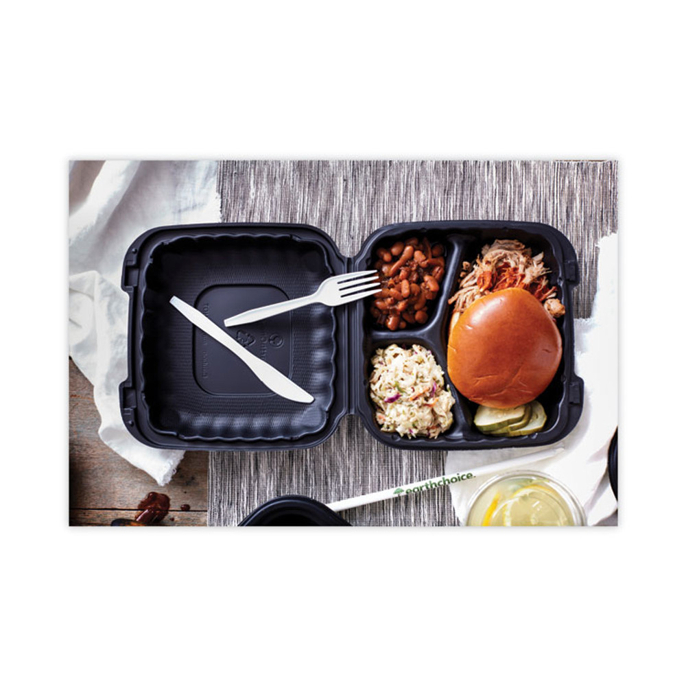 PACTIV EVERGREEN CORPORATION YCNB08030000 EarthChoice SmartLock Microwavable MFPP Hinged Lid Container, 3 Compartments, 8.3 x 8.3 x 3.4, Black, Plastic, 200/Carton