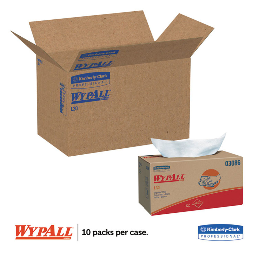 KIMBERLY CLARK WypAll® 03086 L30 Towels, POP-UP Box, 10 x 9.8, White, 120/Box, 10 Boxes/Carton