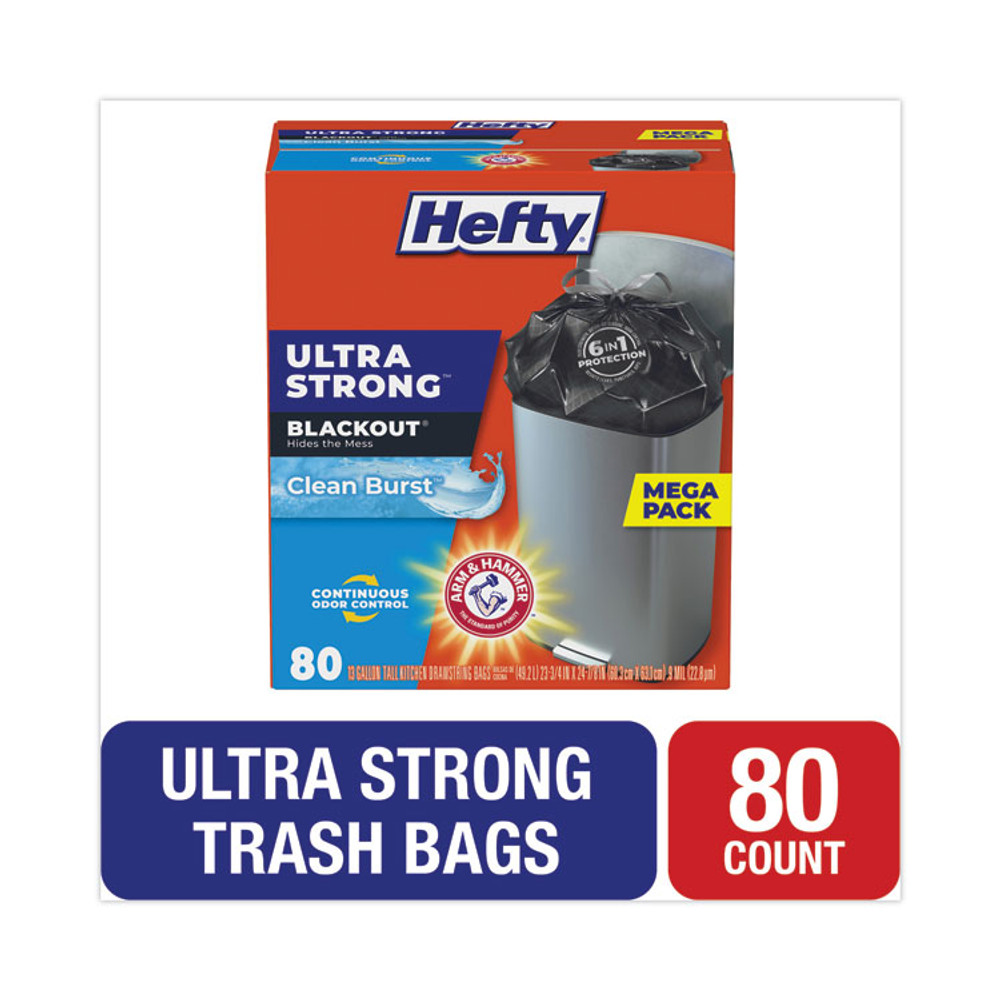 REYNOLDS FOOD PACKAGING Hefty® E88352 Ultra Strong BlackOut Tall-Kitchen Drawstring Bags, 13 gal, 0.9 mil, 23.75" x 24.88", Black, 80/Box