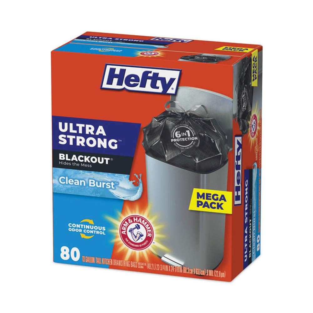 REYNOLDS FOOD PACKAGING Hefty® E88352 Ultra Strong BlackOut Tall-Kitchen Drawstring Bags, 13 gal, 0.9 mil, 23.75" x 24.88", Black, 80/Box