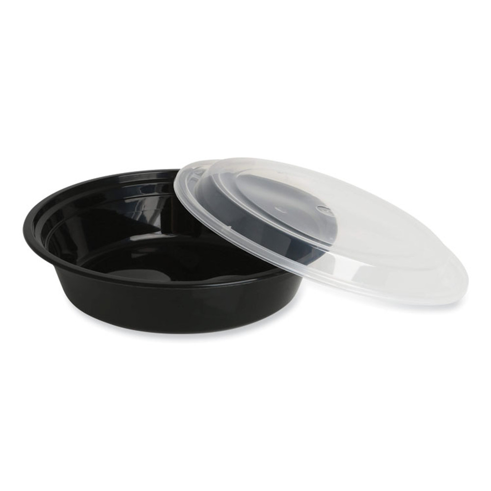 GEN TORND48 Microwavable Food Container with Lid, Round, 48 oz, 8.85 x 8.85 x 2.24, Black/Clear, Plastic, 150/Carton