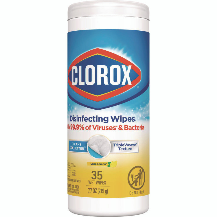 CLOROX SALES CO. 01594CT Disinfecting Wipes, Bleach Free Cleaning Wipes, 1-Ply, 7 x 8, Crisp Lemon, White, 35/Canister, 12 Canisters/Carton