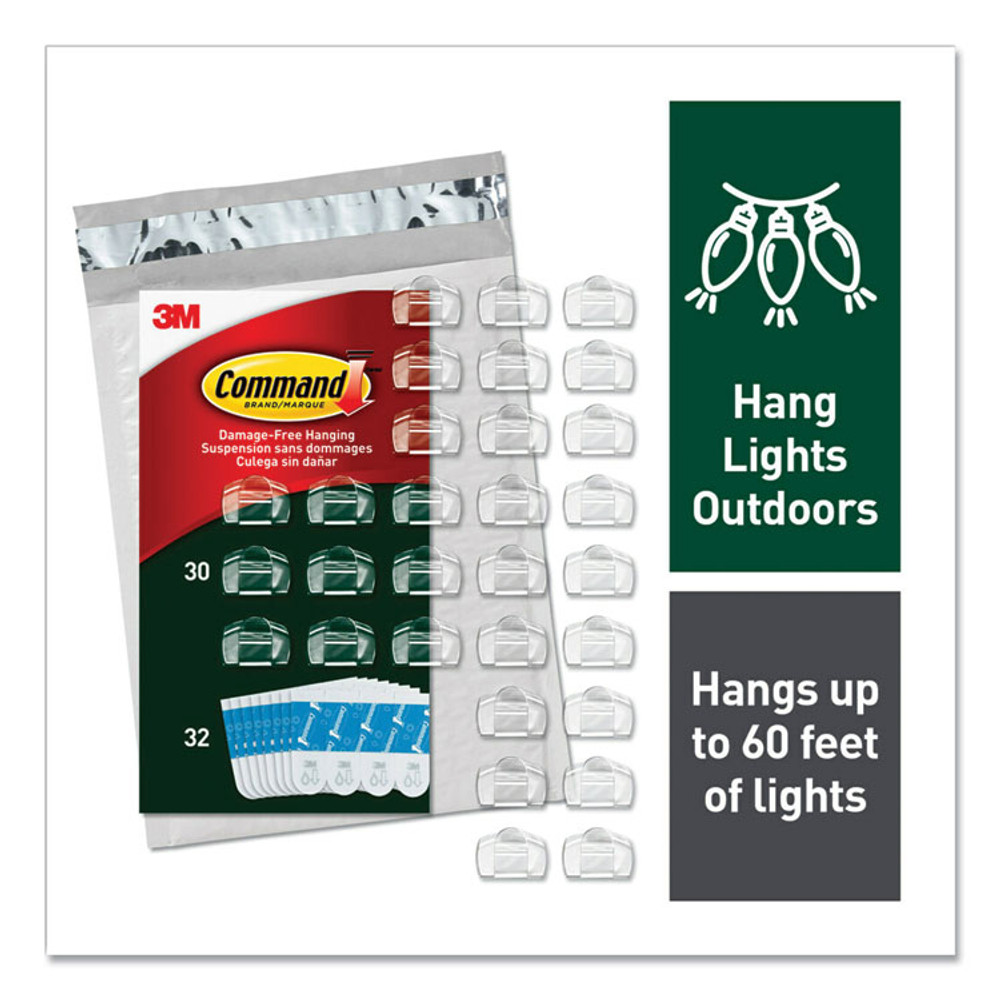 3M/COMMERCIAL TAPE DIV. Command™ 17017CLRAW30 All Weather Hooks and Strips, Small, Plastic, Clear, 0.5 lb Capacity, 30 Clips and 32 Strips/Pack