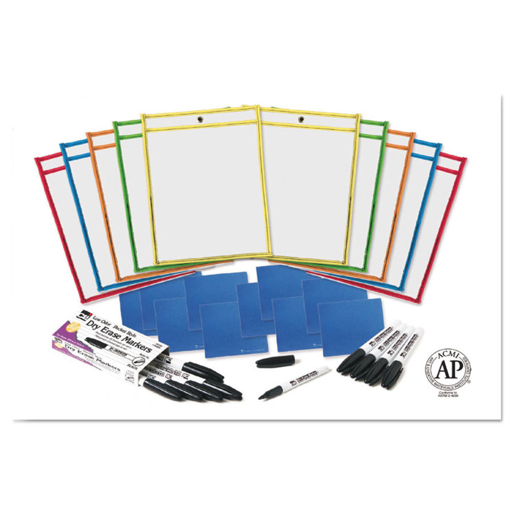 CHARLES LEONARD, INC 29130 Dry Erase Pocket Class Pack, Heavy-Duty, Side Load 9 x 12 Insert, Clear Front, Assorted Border Colors, 10/Pack