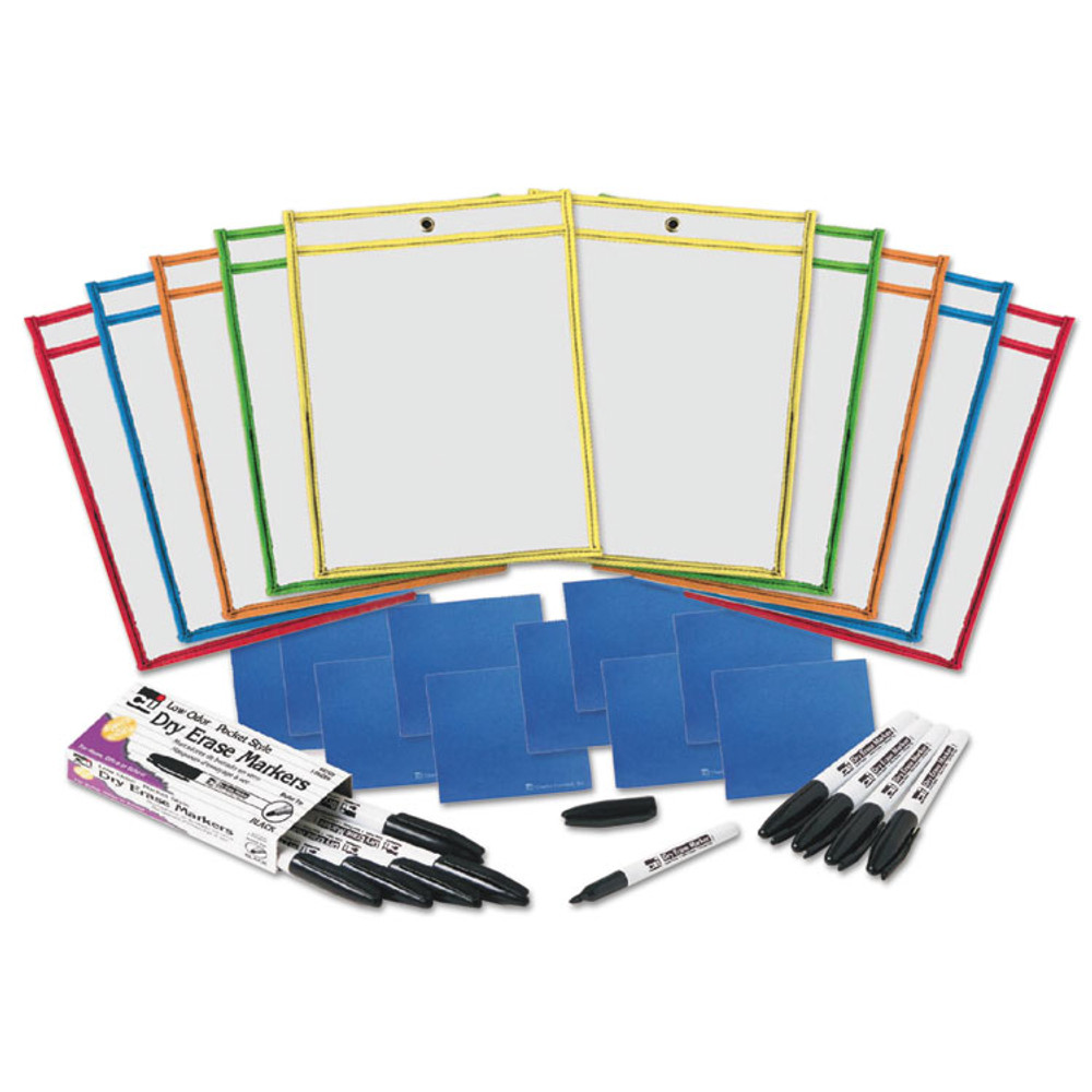 CHARLES LEONARD, INC 29130 Dry Erase Pocket Class Pack, Heavy-Duty, Side Load 9 x 12 Insert, Clear Front, Assorted Border Colors, 10/Pack