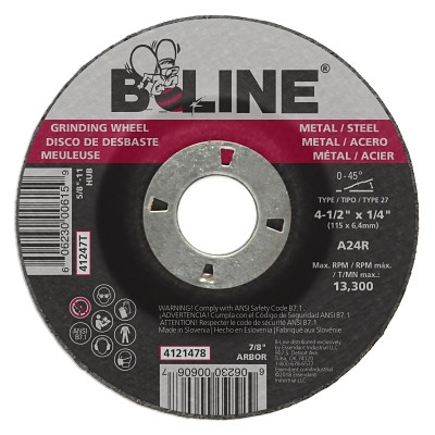 ORS Nasco B-Line Abrasives Depressed Center Grinding Wheel, 4-1/2 in dia, 1/4 in Thick, 7/8 in Arbor, 24 Grit