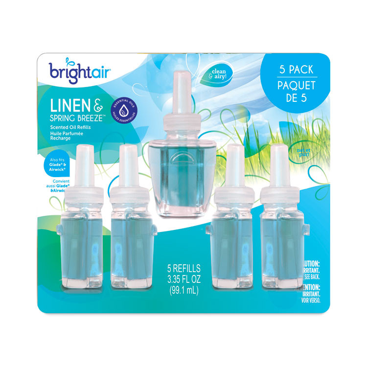 BRIGHT AIR 900669CT Electric Scented Oil Air Freshener Refill, Linen and Spring Breeze, 0.67 oz Bottle, 5/Pack, 6 Pack/Carton