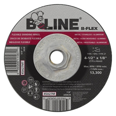 ORS Nasco B-Line Abrasives Flexible Depressed Center Wheel, 4-1/2 in dia, 1/8 in Thick, 5/8 in-11 Arbor, 46 Grit, Aluminum Oxide