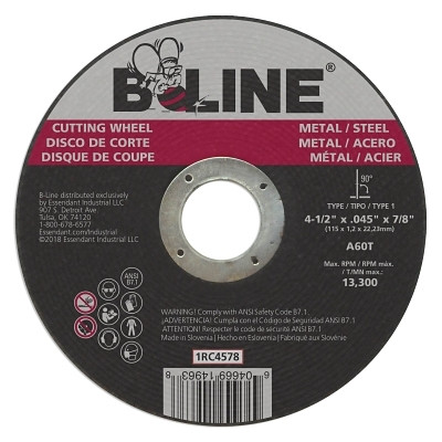 ORS Nasco B-Line Abrasives Cutting Wheel, 4-1/2 in dia, 0.045 in Thick, 7/8 in Arbor, 60 Grit, Aluminum Oxide