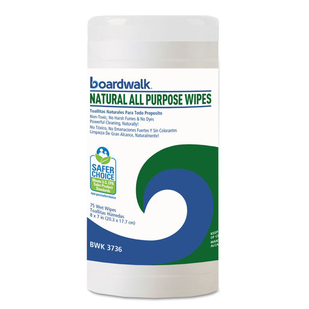 BOARDWALK 4736 Natural All Purpose Wipes, 7 x 8, Unscented, White, 75 Wipes/Canister, 6 Canisters/Carton